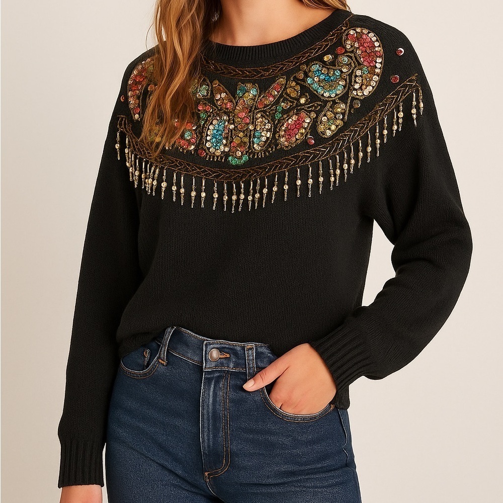 Vintage 80s Beaded Sequin Sweater Black Knit Ramie Cotton Paisley Holiday Party